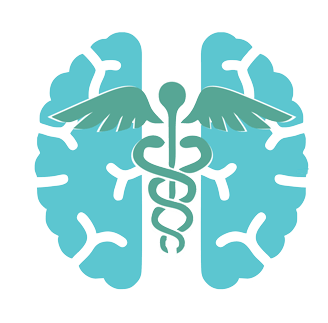Un cerebro azul con un caduceo y alas.