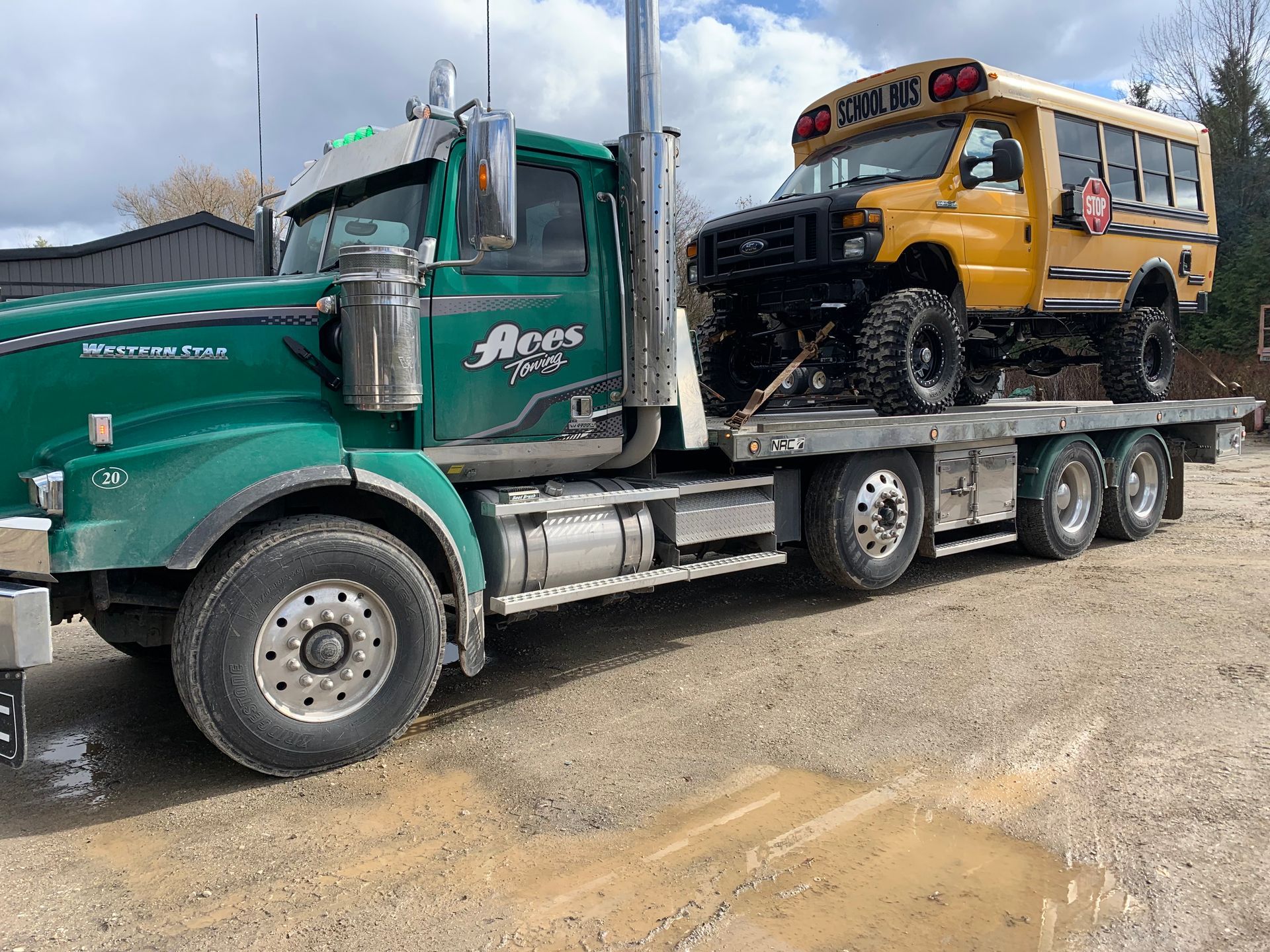 A green semi truck is towing a yellow school bus.