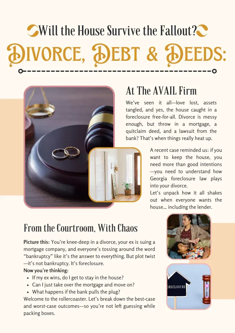 Advertisement about legal services, featuring a gavel, wedding rings, and house illustrations.