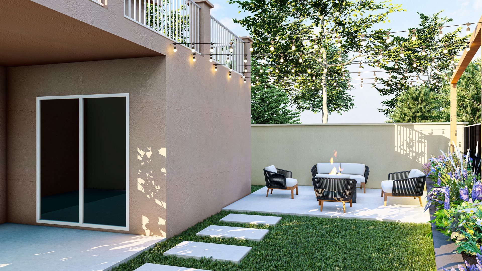 An artist 's impression of a backyard with a patio and furniture.
