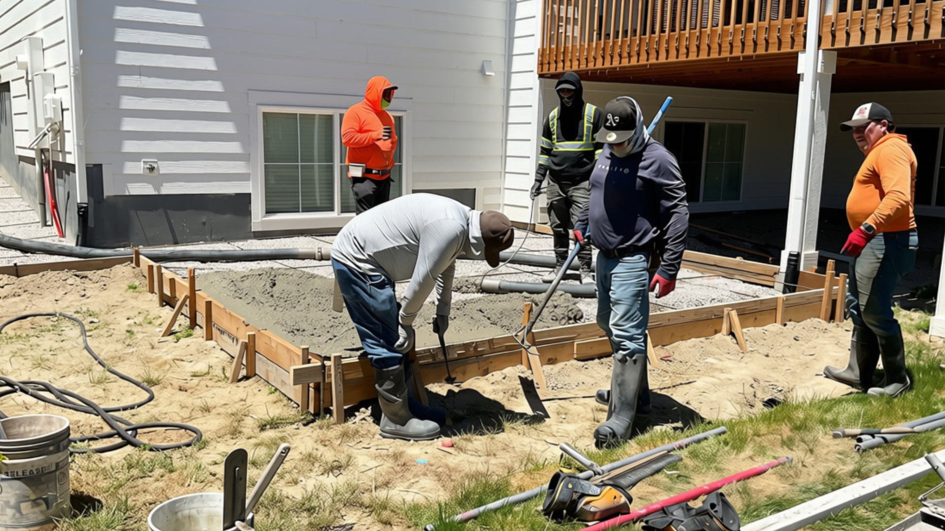 Freshly poured concrete driveway in Aurora, Colorado on a mild spring day, the best time to pour c