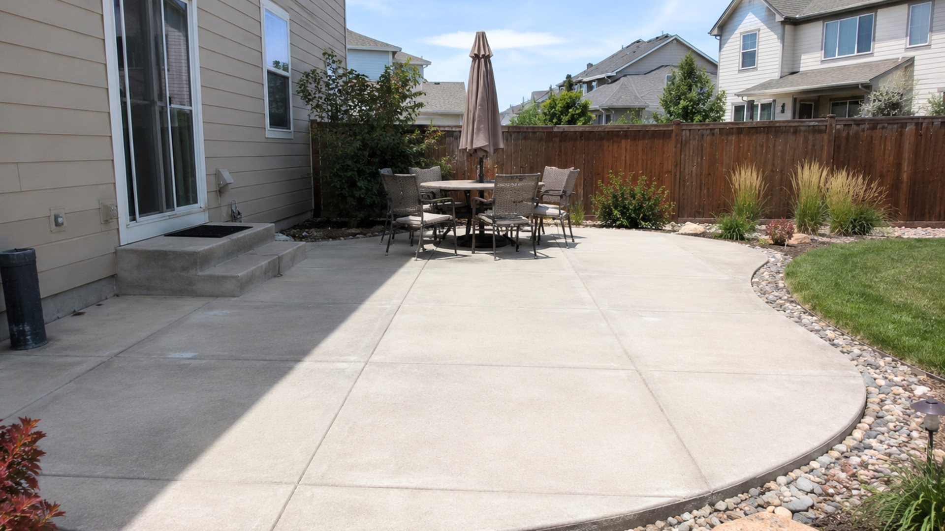 Broom-finish concrete patio in Aurora designed for a clean and slip-resistant backyard surface.