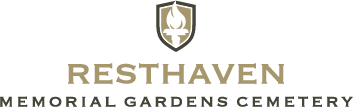 Resthaven Memorial Gardens Cemetery logo with gold shield emblem and beige text on white background
