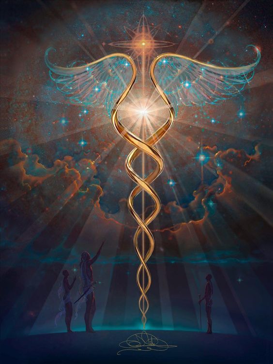 Ein Gemälde eines Caduceus mit Flügeln, aus dem Licht austritt.