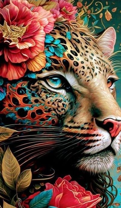 Leopard mit Blumenkranz, türkisfarbenen und roten Blumenelementen, farbenfrohen Felldetails, Blick nach rechts.