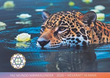 Jaguar schwimmt in blauem Wasser mit Blumen; Logo des Maya-Kalenders.
