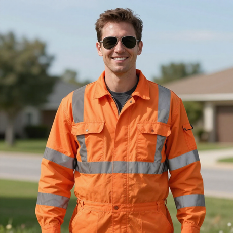 Septic tank pumping professional in orange safety coveralls and sunglasses standing outdoors on a sunny day.