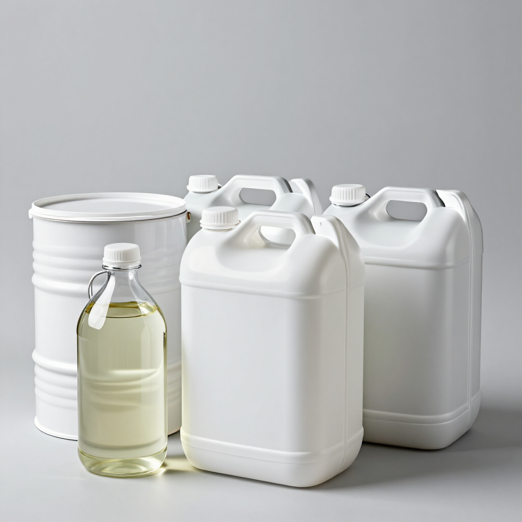Varias garrafas de plástico blancas y una botella transparente con un líquido claro sobre un fondo gris