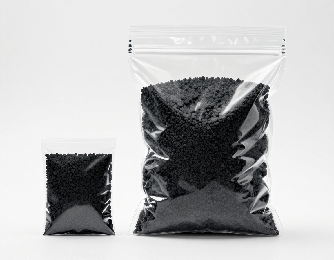Dos bolsas transparentes con cierre hermético llenas de gránulos negros sobre un fondo blanco