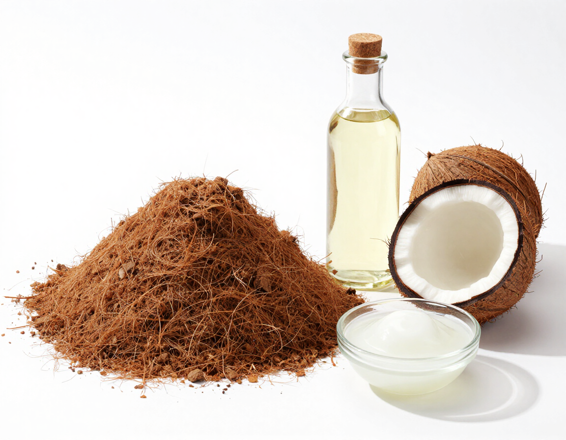 Coco rallado, mitades de coco, una botella de aceite de coco y un cuenco de leche de coco sobre fondo blanco