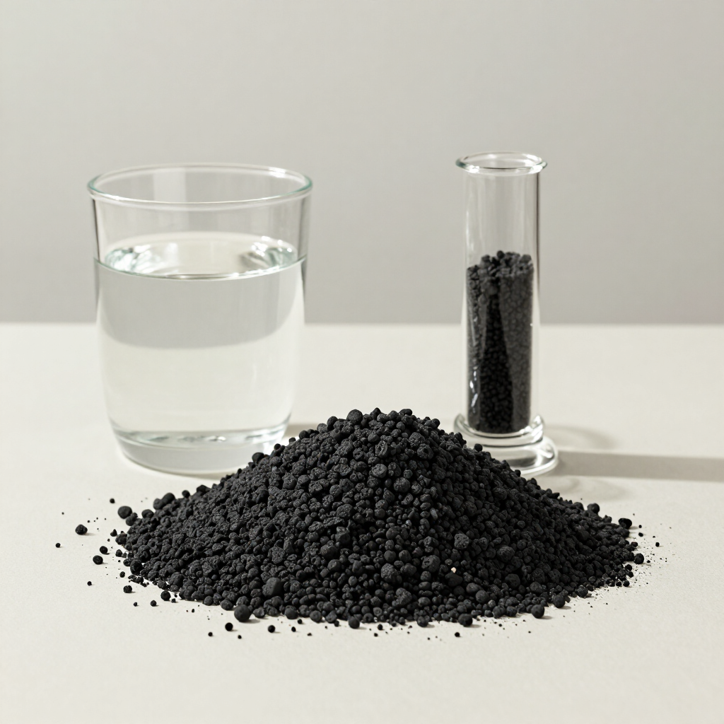 Vaso de agua, tubo de ensayo con bolitas negras y un pequeño montón de gránulos negros sobre una superficie blanca.