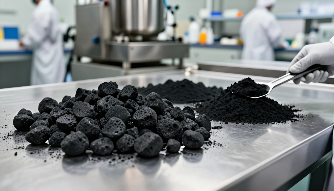 Un trabajador con guantes recoge material negro parecido al carbón de una mesa de acero inoxidable.