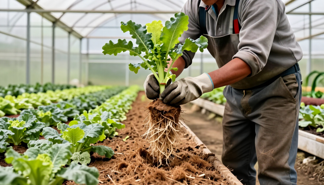 Trabajador de invernadero arrancando verduras de hoja de los bancales con las manos enguantadas