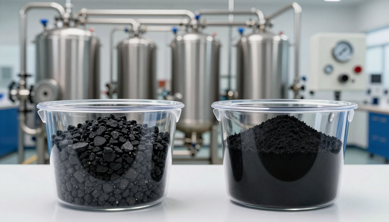 Dos recipientes transparentes con gránulos negros en una fábrica, con tanques de acero inoxidable al fondo