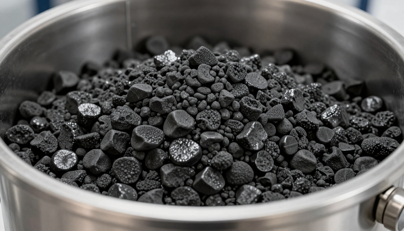 Un cuenco de acero inoxidable lleno de trozos de carbón negro