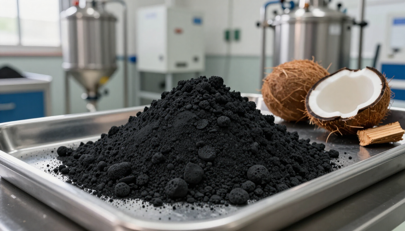Polvo negro de carbón de coco en una bandeja, con cocos enteros y partidos por la mitad en una fábrica