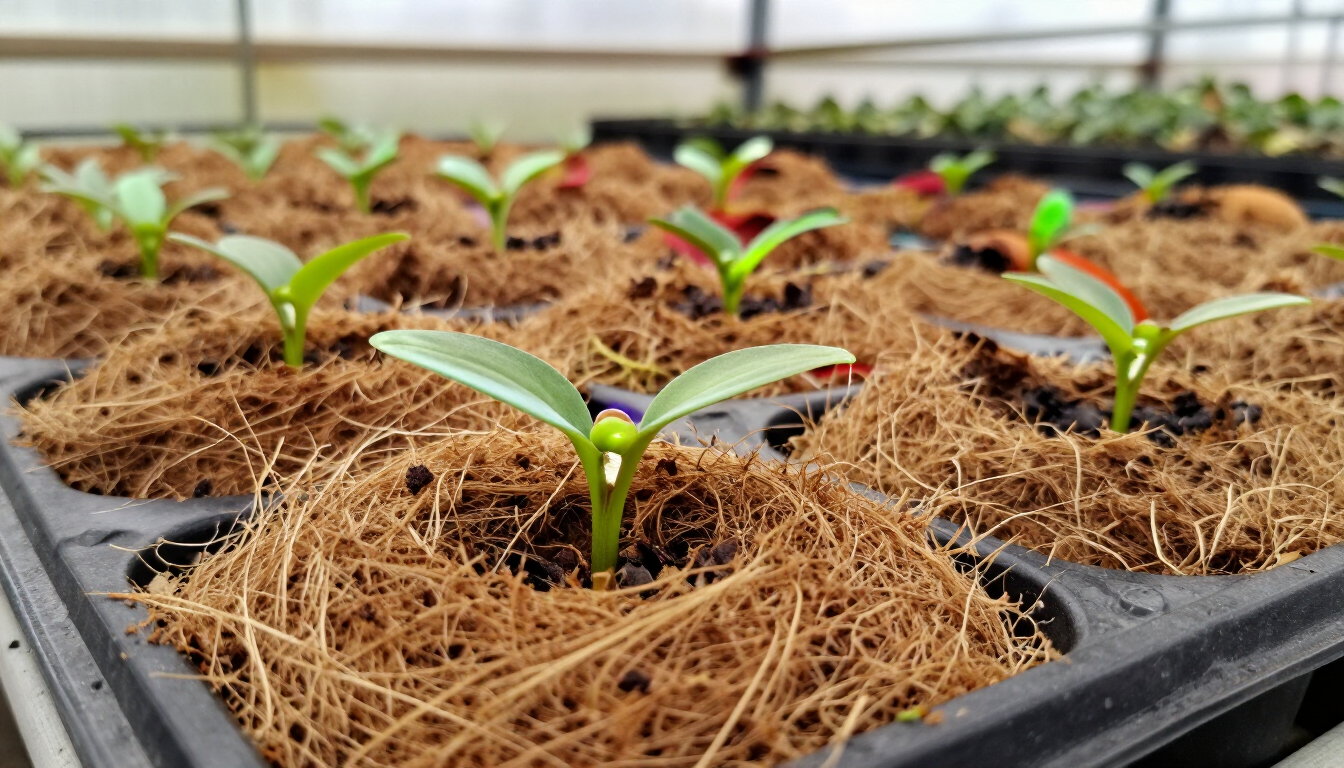 Plántulas germinando en bandejas negras cubiertas de paja dentro de un invernadero.