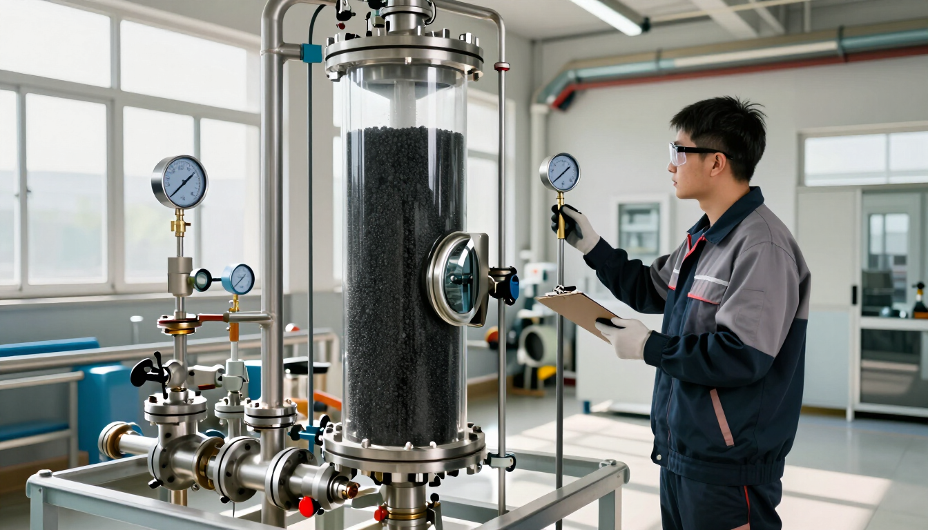 Lecho de carbón activado granular en una columna de filtración