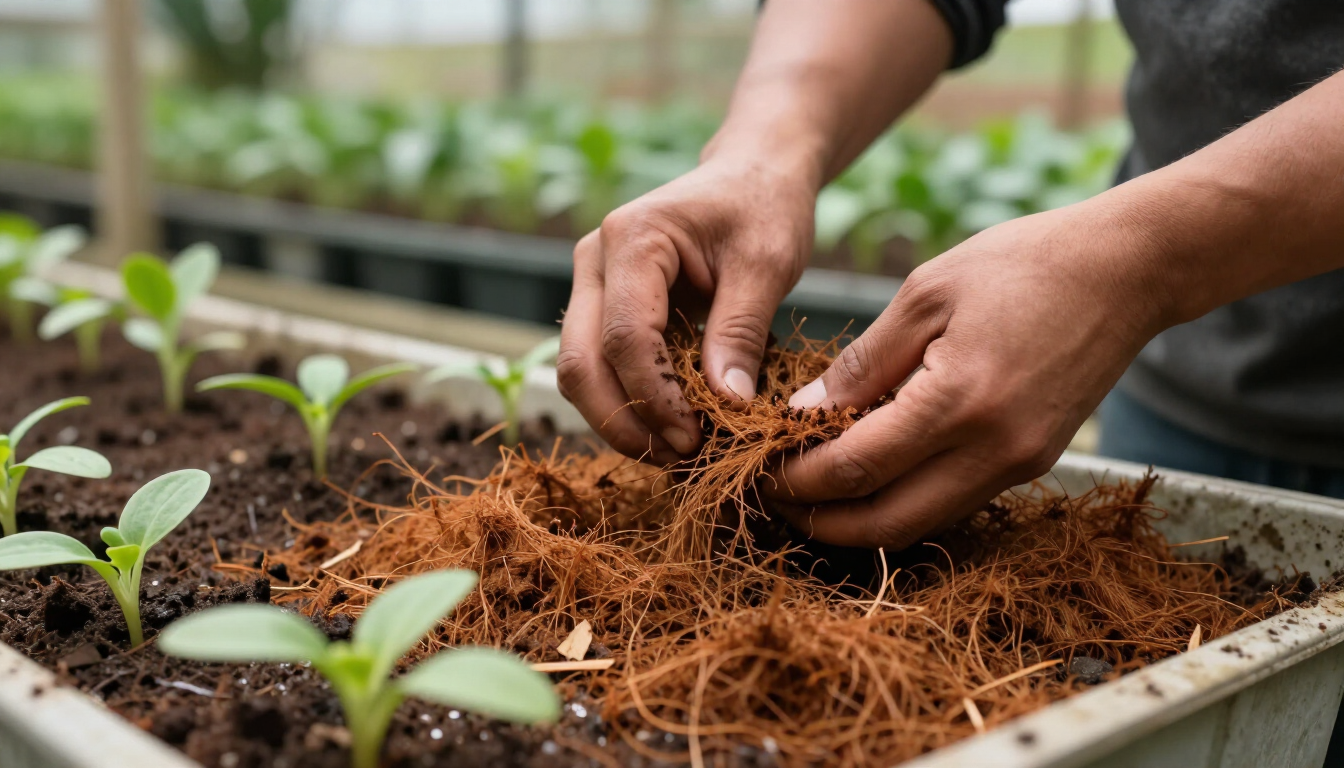 Sustrato de fibra de coco preparado para cultivo