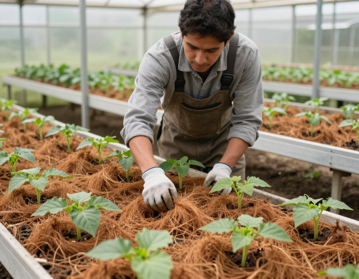 Viverista revisando fibra de coco para plantas jóvenes