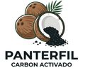 Logotipo de Panterfil Carbon Activado con cocos y carbón activado negro derramándose de una cáscara de coco