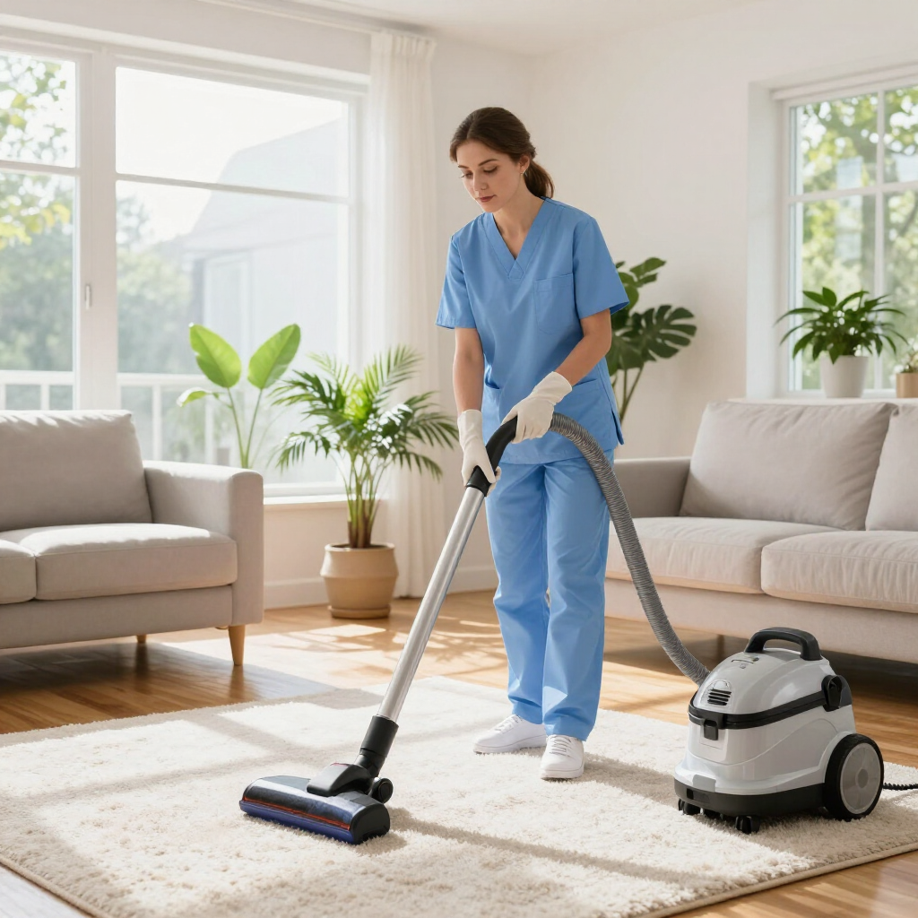 Cleaning professional vacuuming a bright living room with a canister vacuum