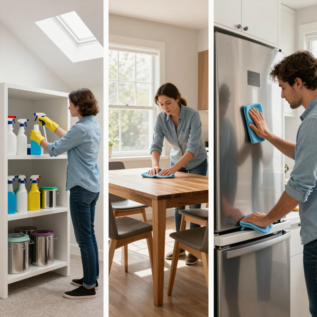 Person cleaning shelves, wiping a kitchen table, and polishing a stainless-steel refrigerator in a bright kitchen