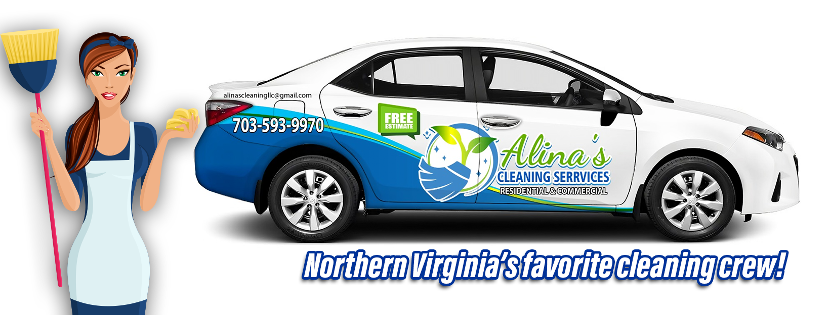 A woman with cleaning supplies next to a cleaning company car in Northern Virginia.