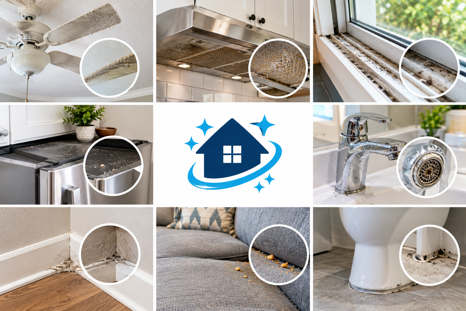 Collage of home surfaces with dust and dirt highlighted by magnifying circles, centered on a cleaning icon