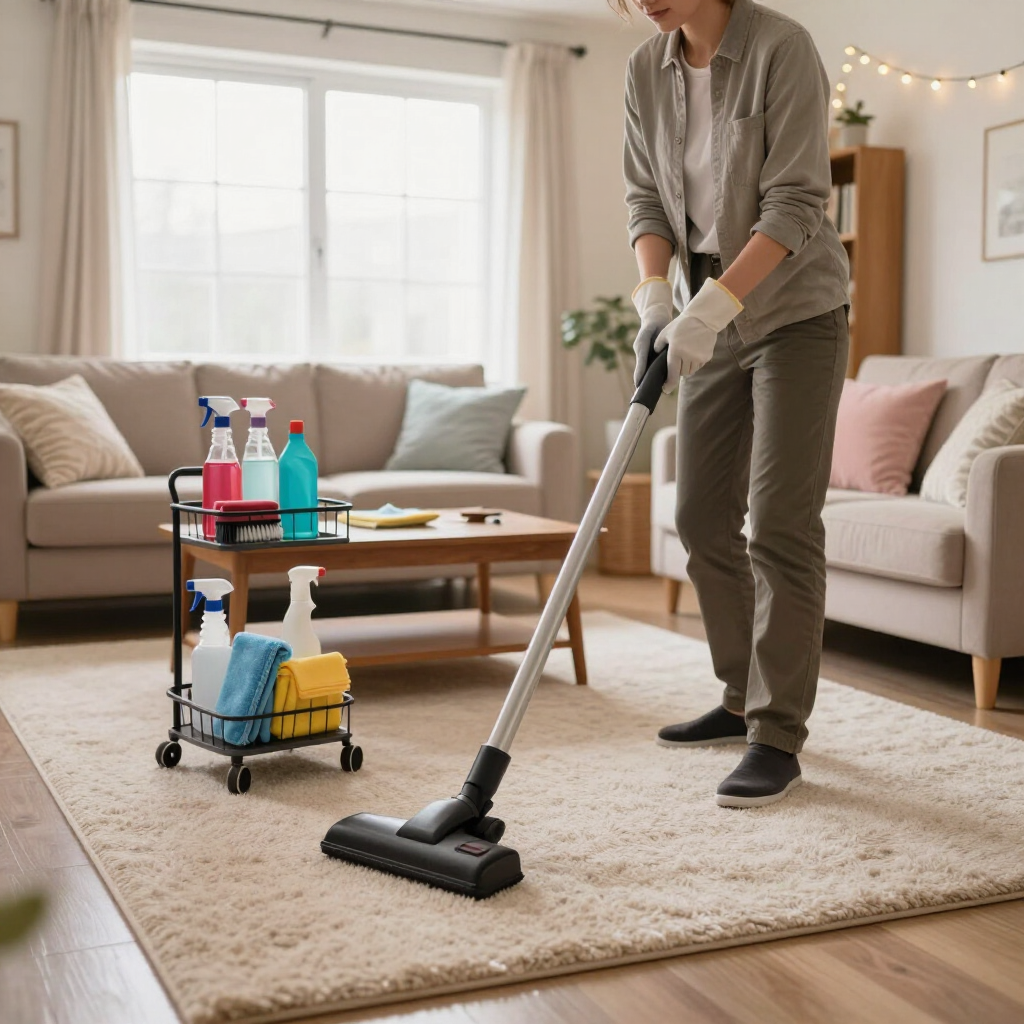 Person vacuuming a rug in a bright living room beside a cleaning cart and supplies