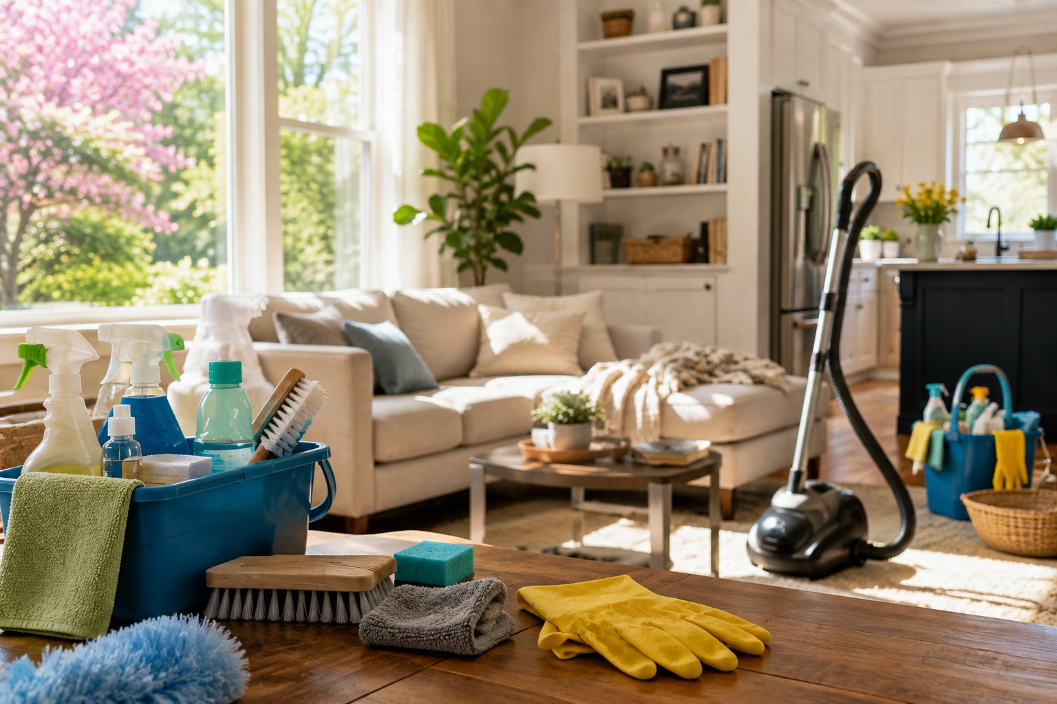 Cleaning supplies on a wooden table in a bright living room with a vacuum and sofa in the background