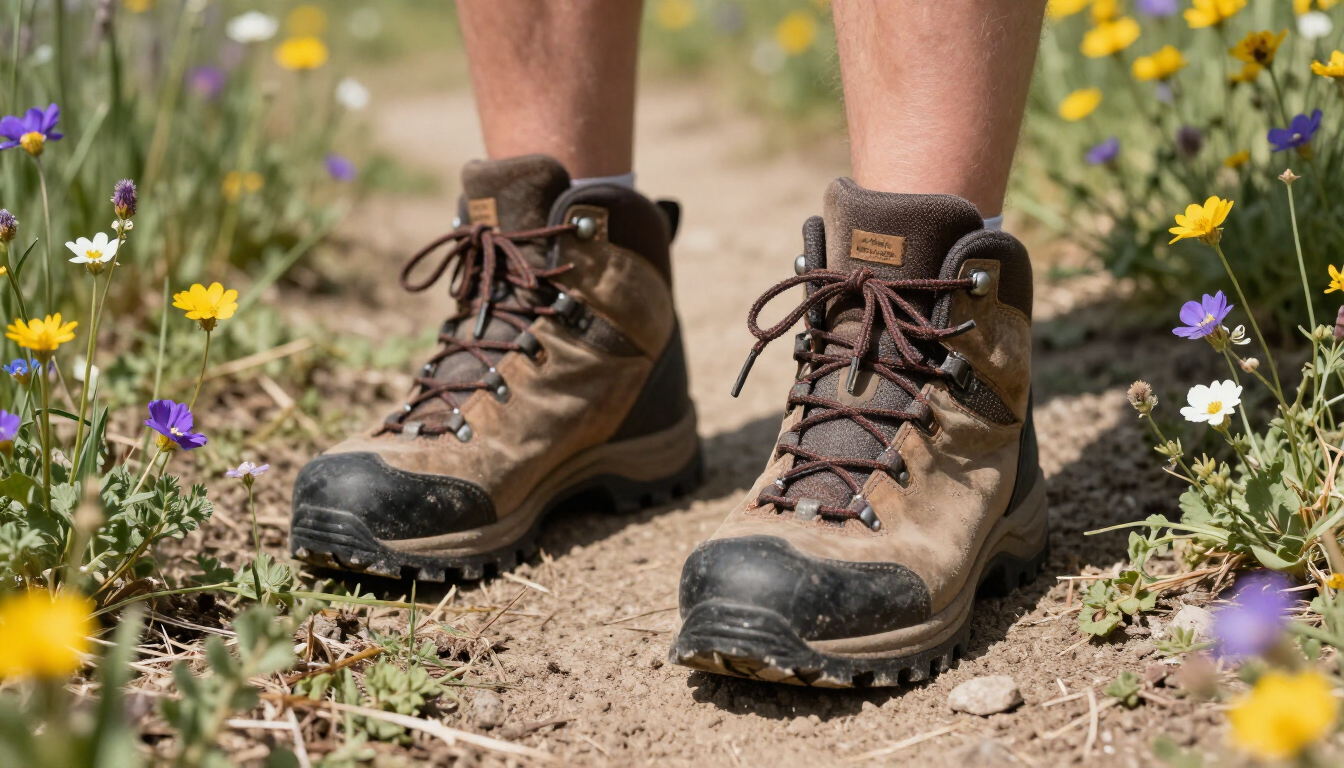 Hiking boots on summer trail