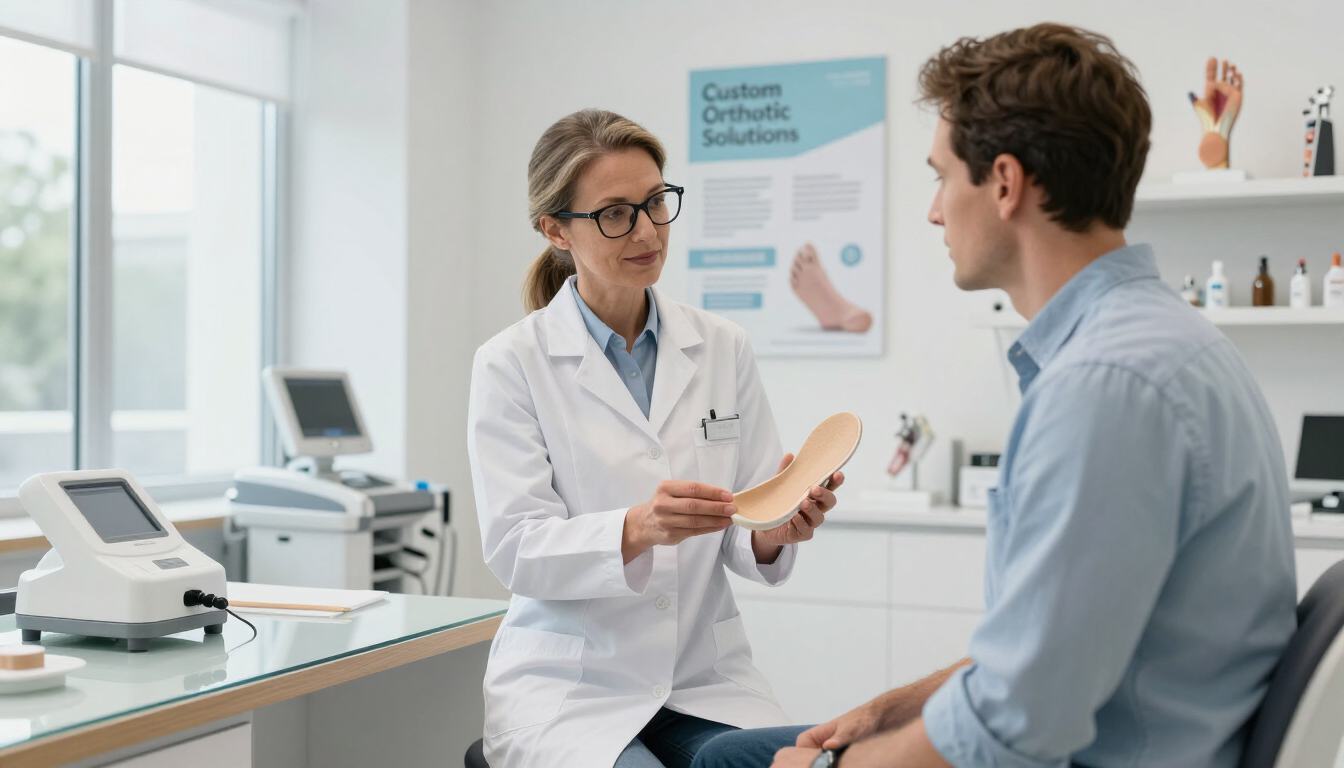 Podiatrist showing a custom orthotic to a patient in a modern clinic.