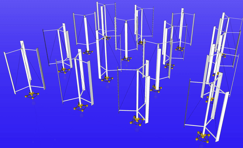 An animated GIF showing vertical axis wind turbines off shore