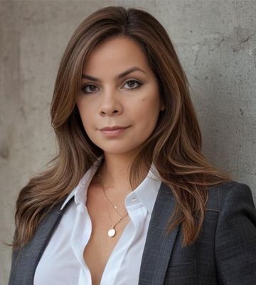 Portrait of a woman in a gray blazer and white shirt against a concrete wall