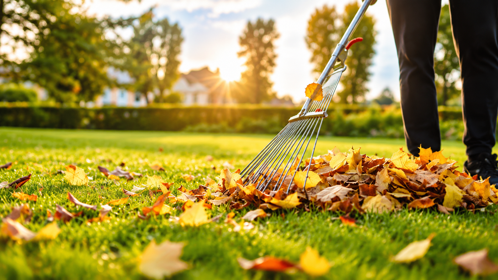 Rake collecting autumn leaves on a sunlit lawn in a park.