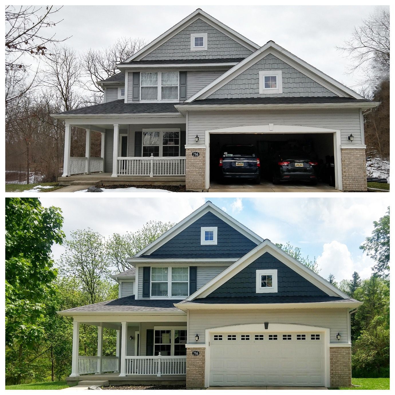 House exterior before-and-after: gray home with porch and garage, winter scene above and summer scene below