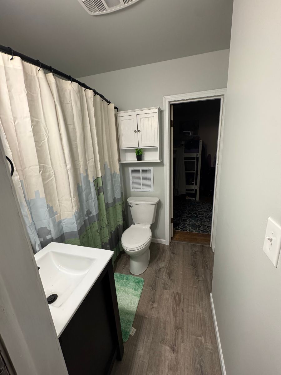 Small bathroom with shower curtain, toilet, sink, green rug, and open doorway to a dark hall.