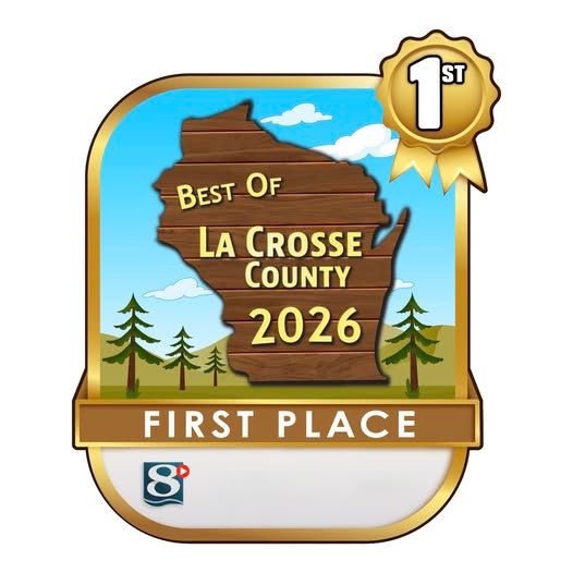 Best of La Crosse County 2026 first-place award badge with wood sign and ribbon