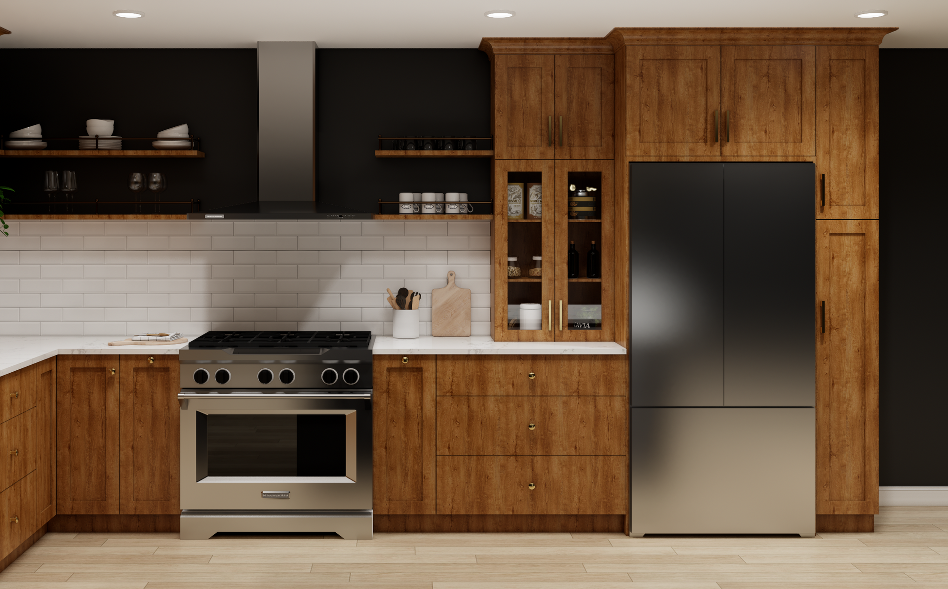 Modern kitchen with wood cabinets, stainless steel stove and fridge, and black upper cupboards