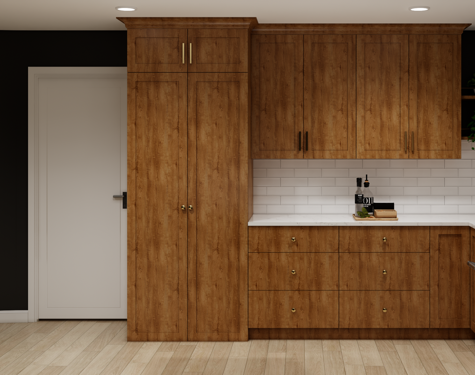 Wooden kitchen cabinets with white tile backsplash, countertop, and a closed white door beside a black wall.