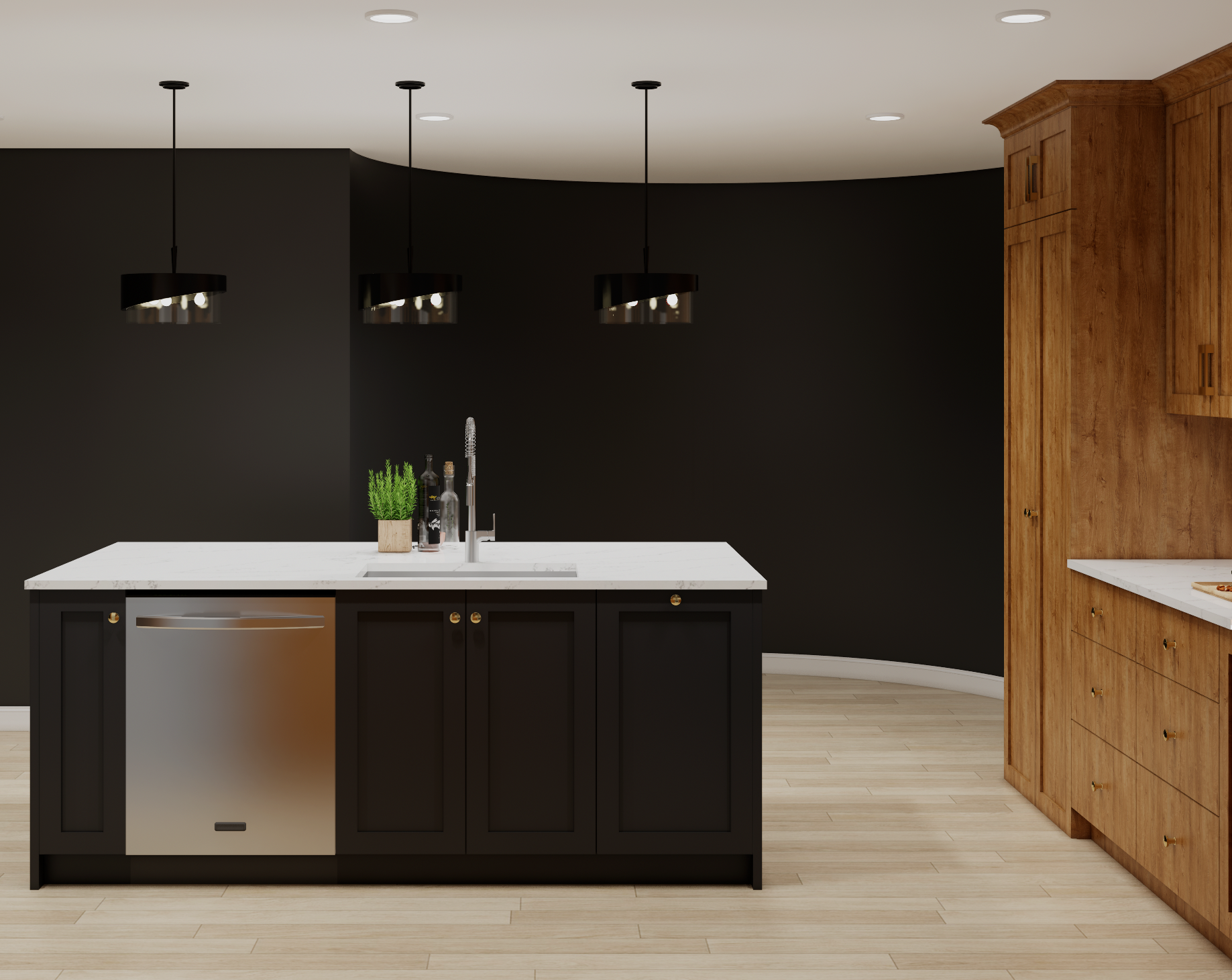 Modern kitchen with dark cabinetry, white island countertop, black pendant lights, and wood flooring