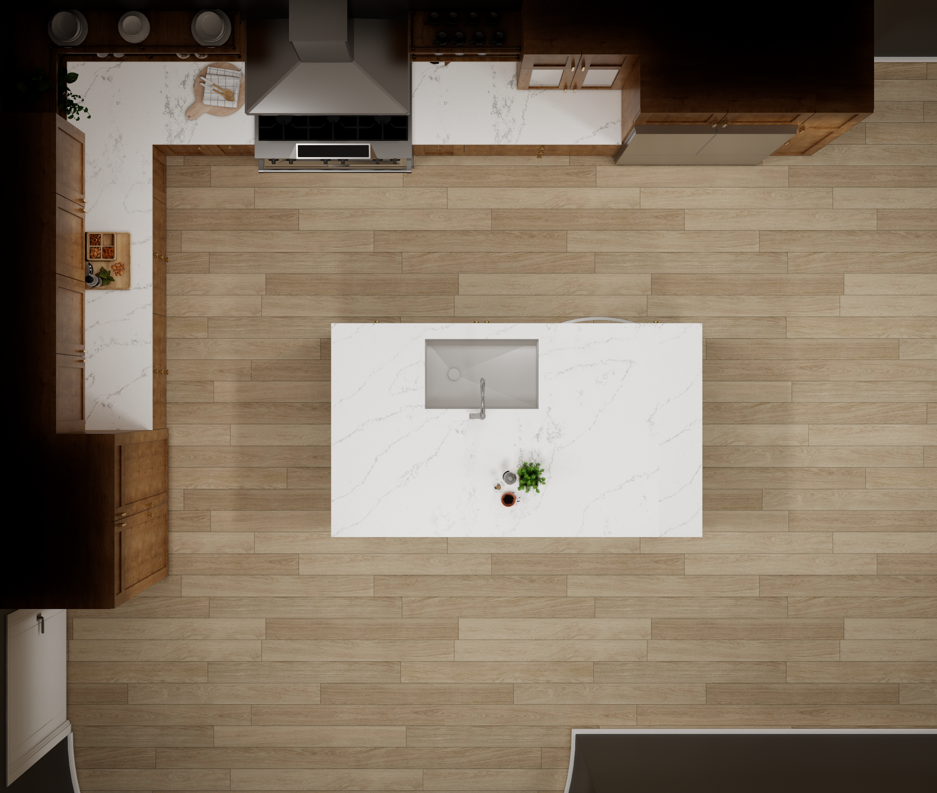 Top-down view of a modern kitchen with a large white island, light wood flooring, and wood cabinets.