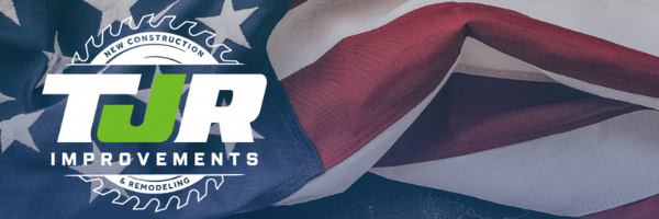 TJR Improvements logo over a waving U.S. flag background