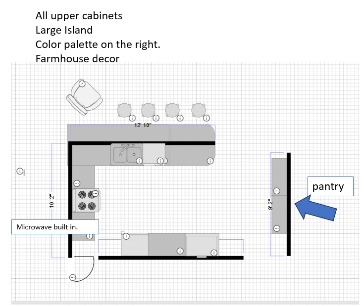 Kitchen floor plan with large island, farmhouse decor, and a pantry labeled by a blue arrow.