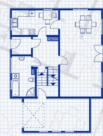 Blue architectural floor plan of a small apartment with rooms, stairs, and furniture layout