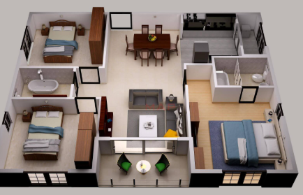 3D floor plan of a small apartment with bedrooms, kitchen, dining area, bathroom, and living room