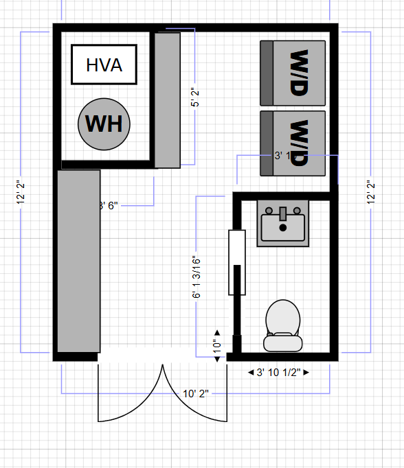 Floor plan of a small room with HVAC, water heater, two WD units, sink, toilet, and a double-door entry