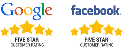 Google and Facebook logos above five gold stars with “five star customer rating” text