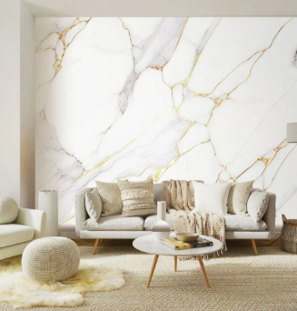 Modern living room with white marble accent wall, beige sofas, round coffee table, and fluffy rug